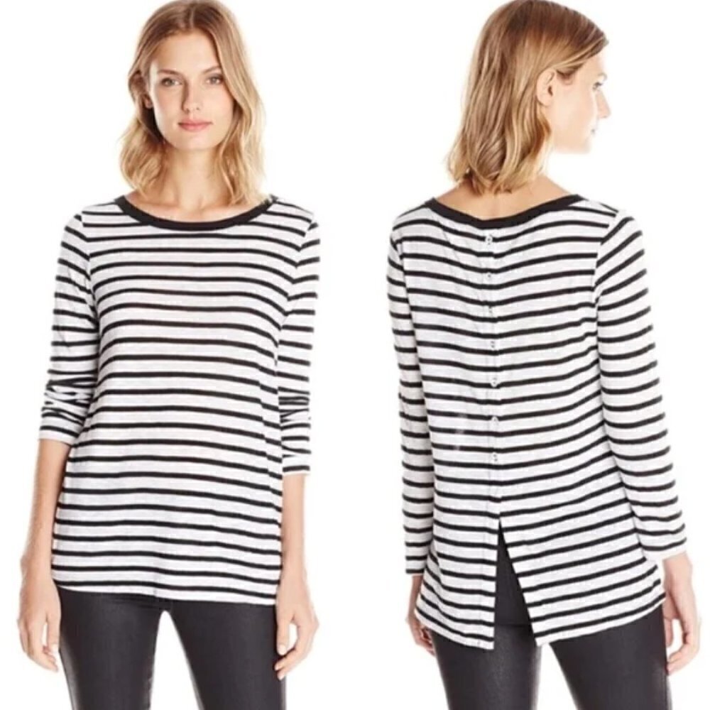 Splendid Navy Blue &โ White Button Back Cerine Long Sleeve T-Shirt S